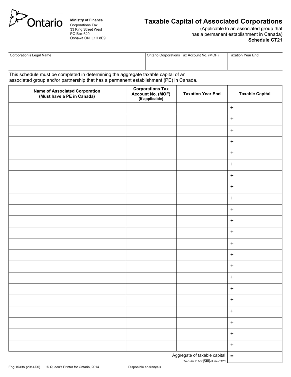 Form 1539A Schedule CT21 Taxable Capital of Associated Corporations - Ontario, Canada, Page 1