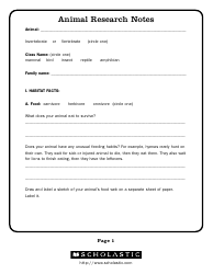 Document preview: Animal Research Notes Template - Scholastic