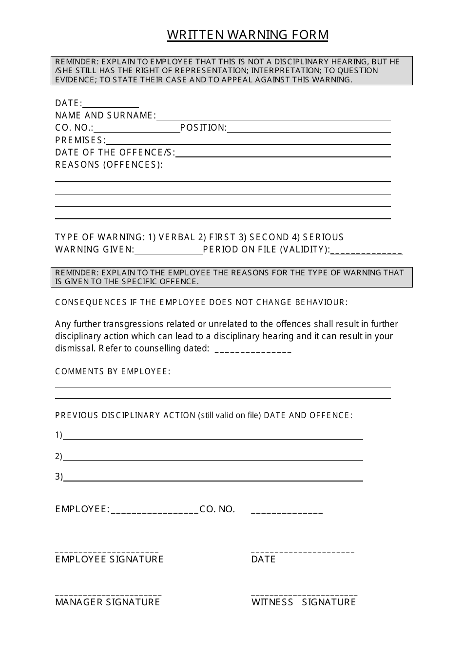 Printable Employee Written Warning Template Free 6948