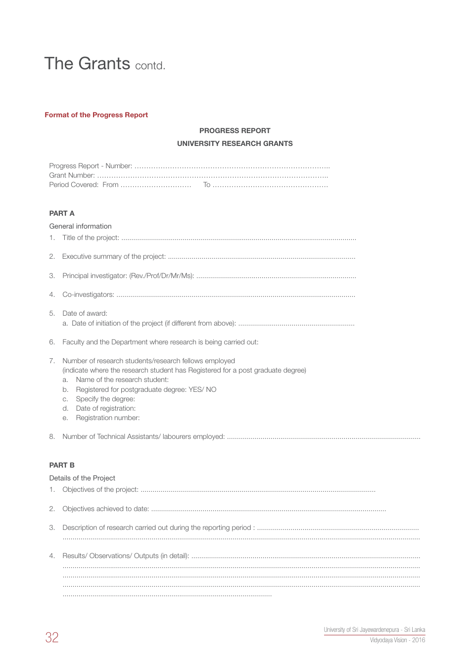 Grant Progress Report Template - University of Sri Jayewardenepur, Page 1