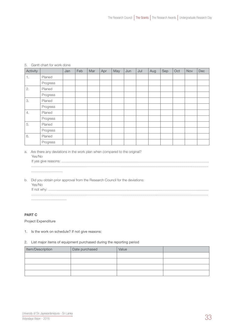 Grant Progress Report Template - University of Sri Jayewardenepur, Page 2