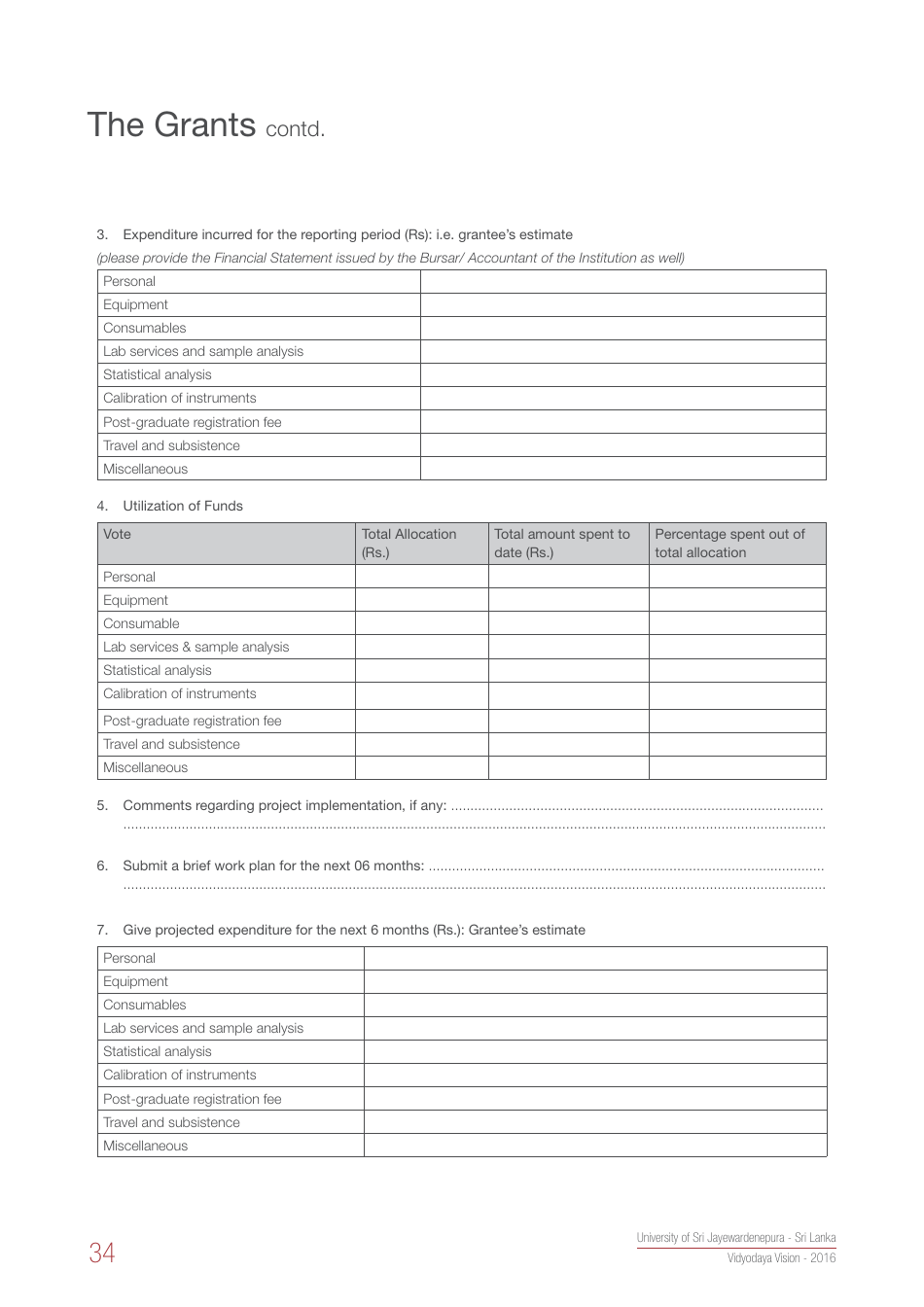 Grant Progress Report Template - University of Sri Jayewardenepur, Page 3