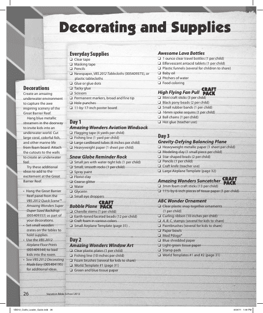 Decorating and Supplies Inventory Checklist Template - Vacation Bible  School Download Printable PDF