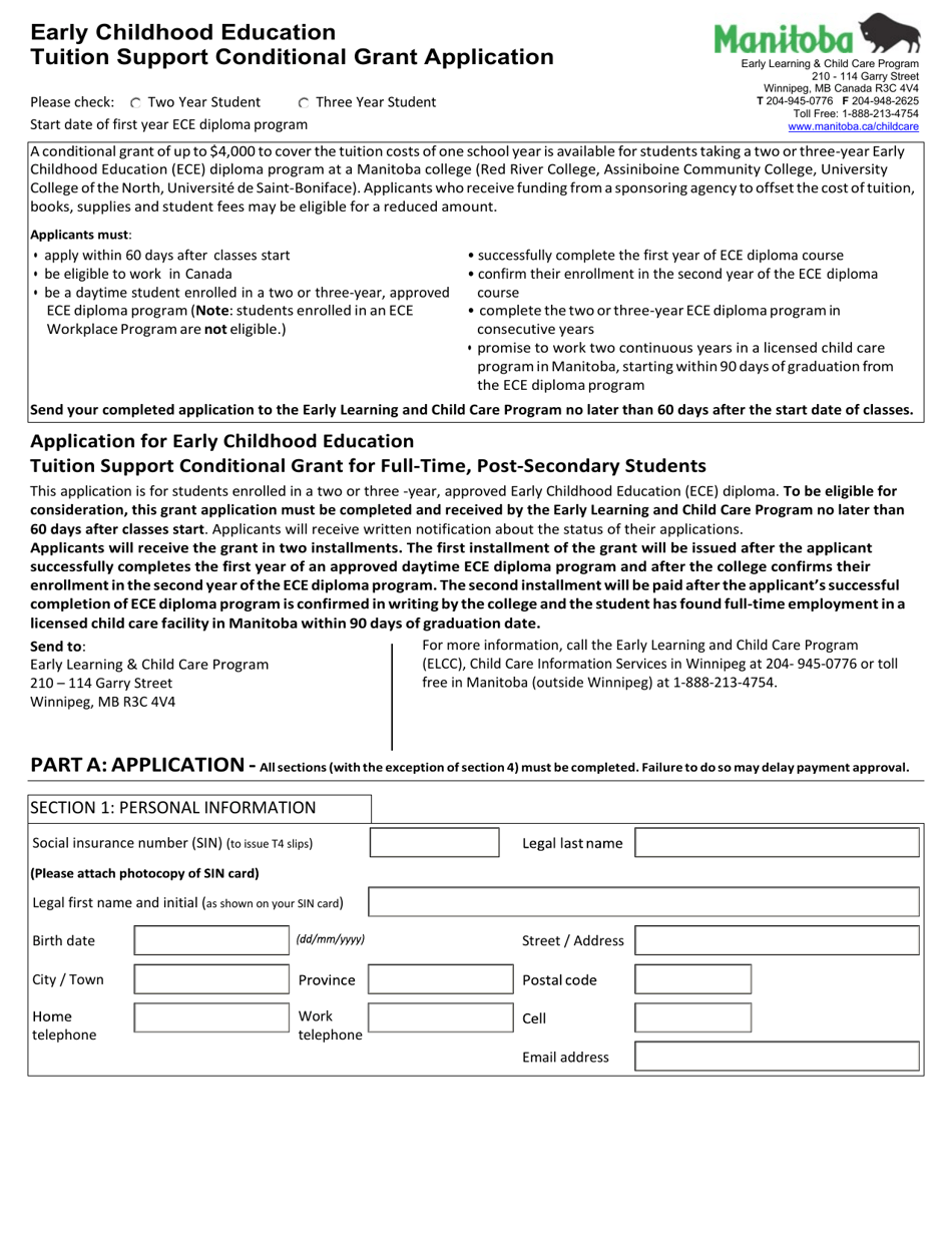 Early Childhood Education Tuition Support Conditional Grant Application - Manitoba, Canada, Page 1