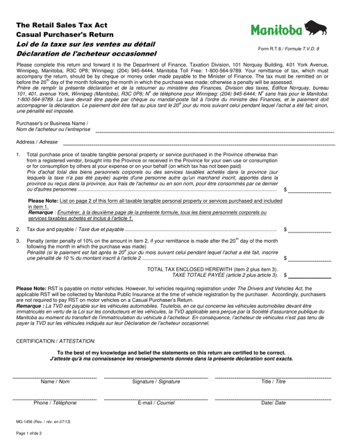 Form R.T.8 (MG-1456) Casual Purchaser&#039;s Return - Manitoba, Canada (English/French)