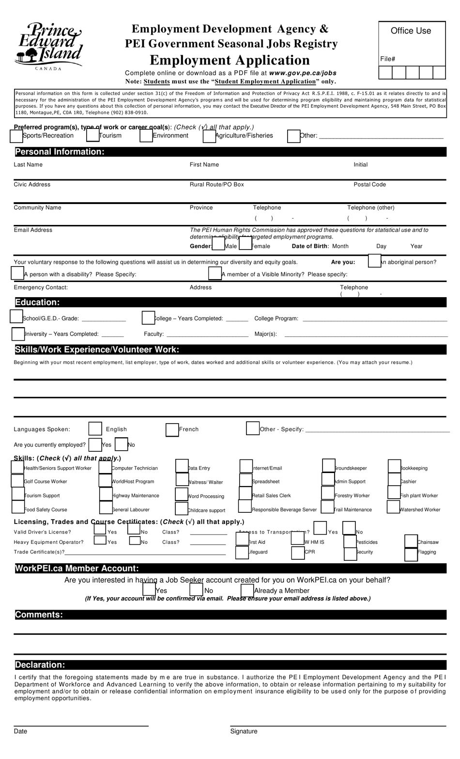 Prince Edward Island Canada Employment Application Fill Out, Sign