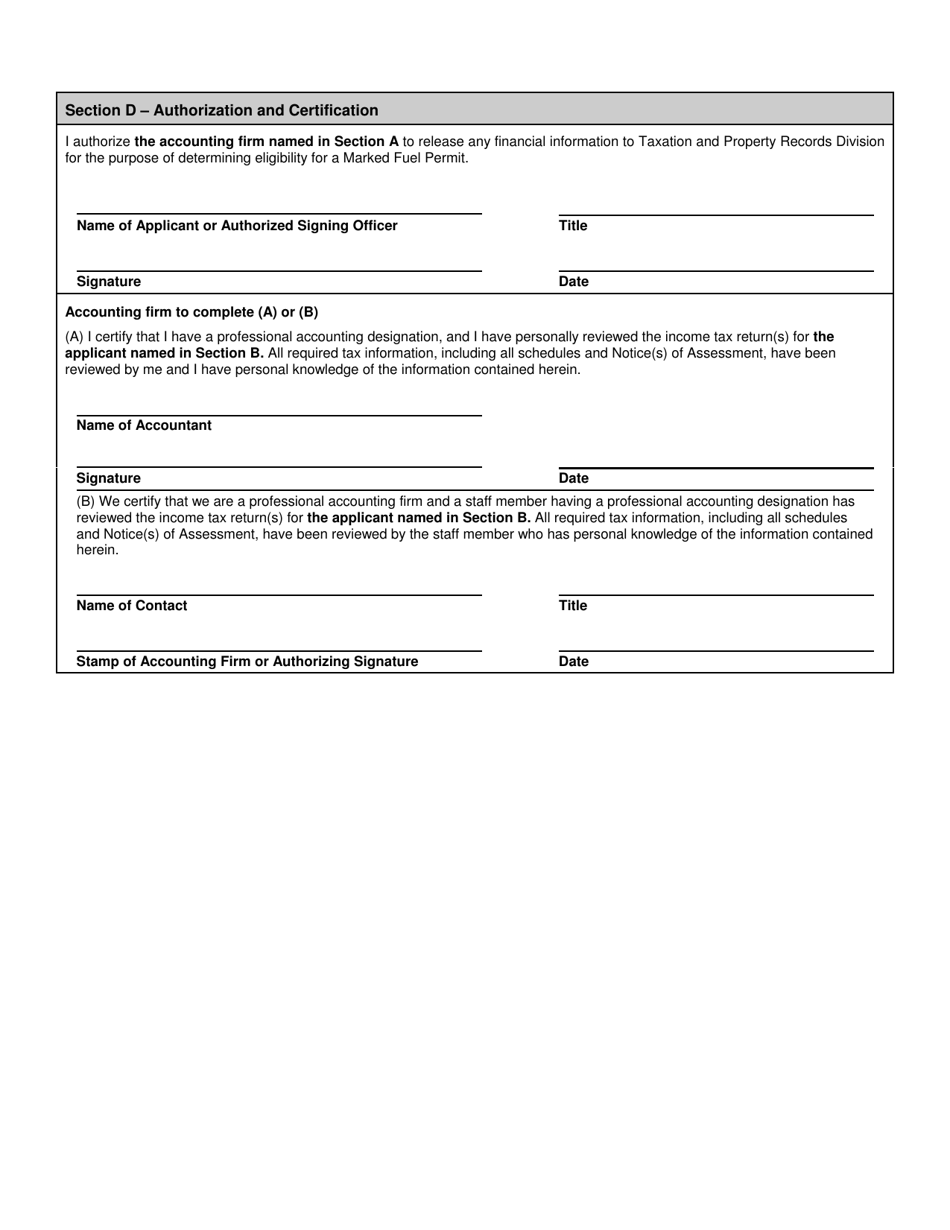 Declaration of Income for Marked Gasoline and / or Marked Diesel Oil Permits - Prince Edward Island, Canada, Page 2