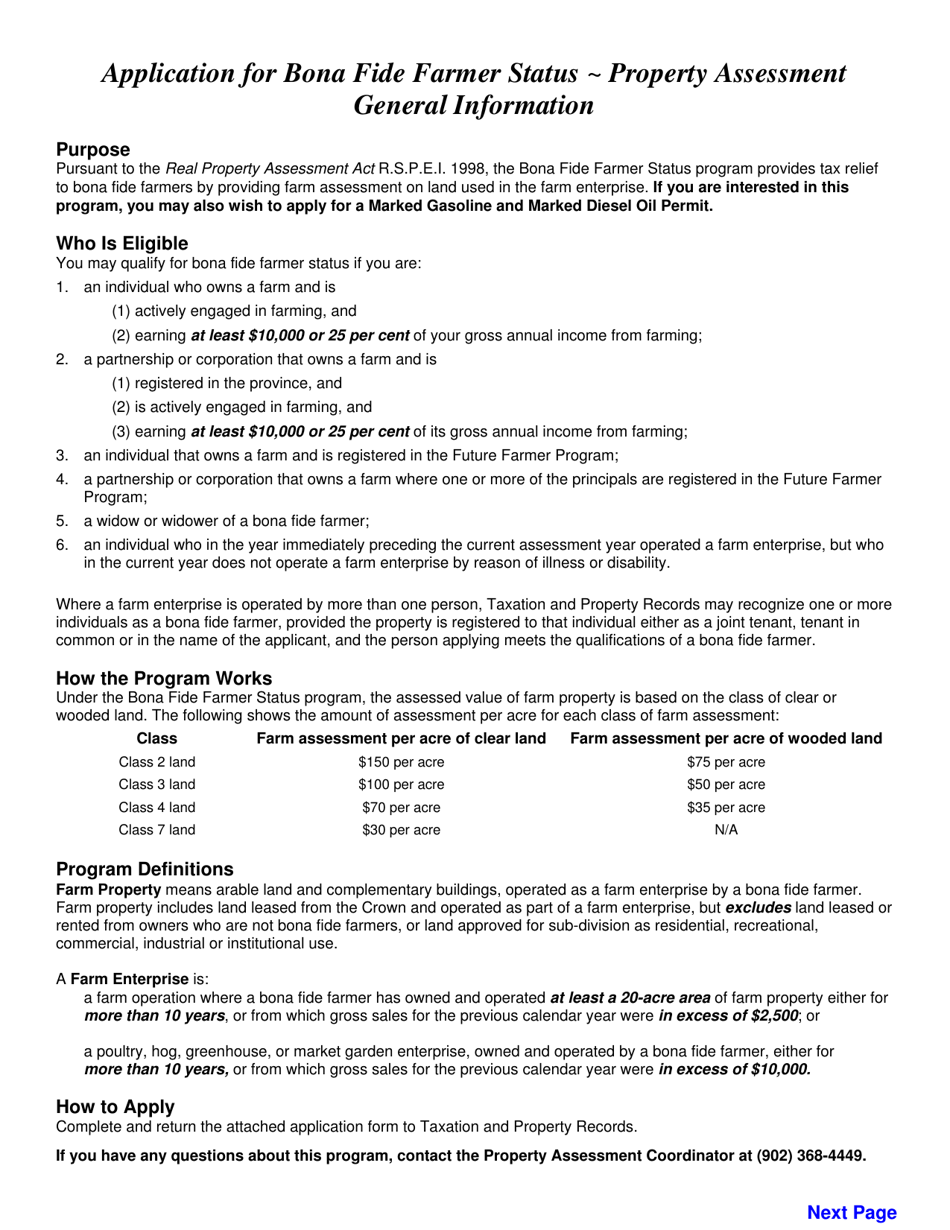 Prince Edward Island Canada Application for Bona Fide Farmer Status Property Assessment Fill