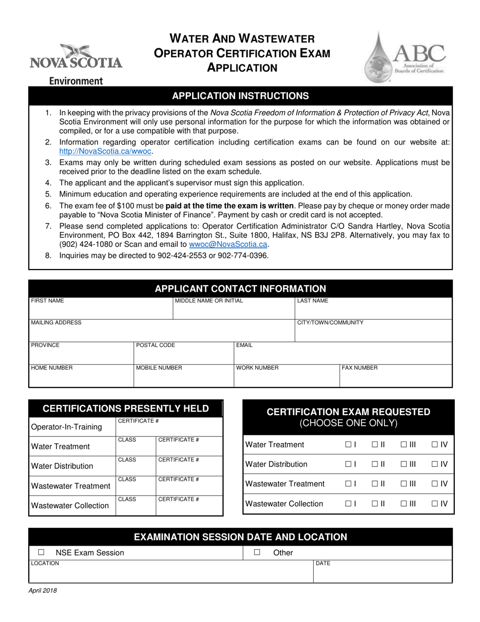 Water and Wastewater Operator Certification Exam Application - Nova Scotia, Canada, Page 1