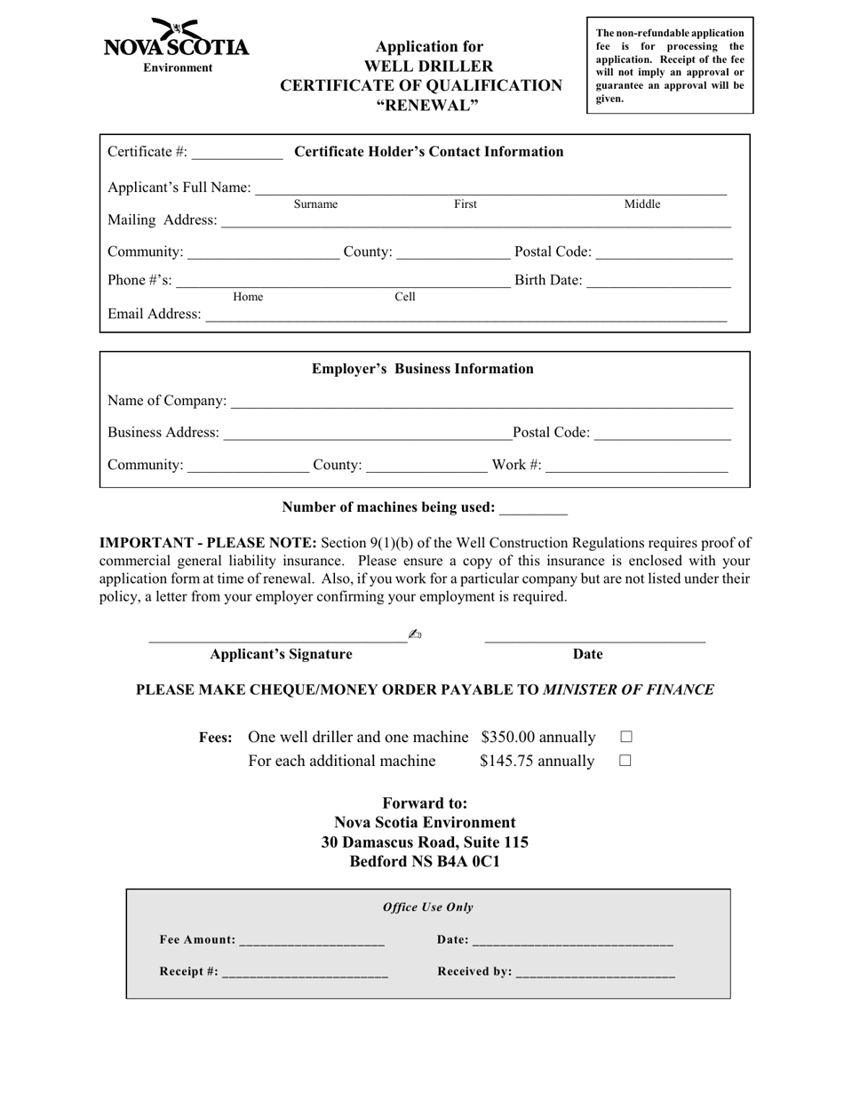 Application for Well Driller Certificate of Qualification renewal - Nova Scotia, Canada, Page 1
