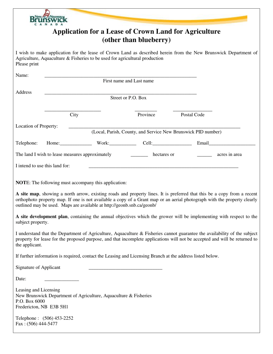 Application for a Lease of Crown Land for Agriculture (Other Than Blueberry) - New Brunswick, Canada, Page 1