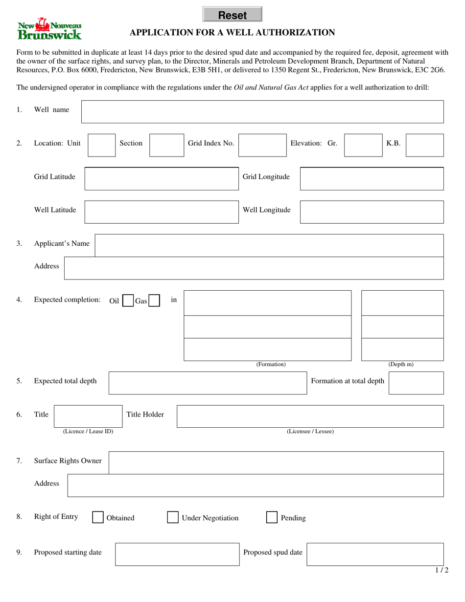 Application for a Well Authorization - New Brunswick, Canada, Page 1