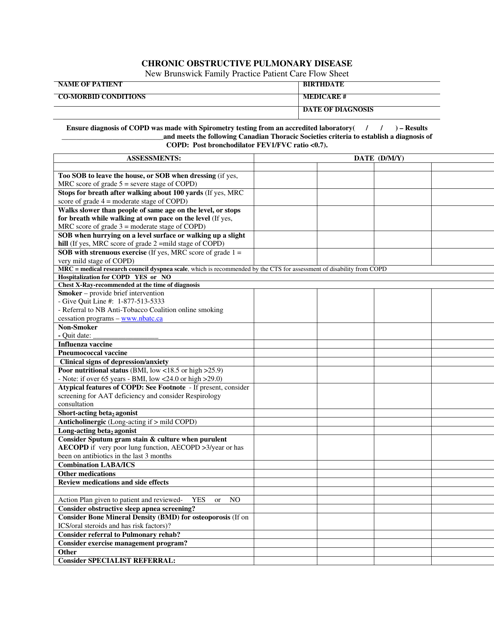 Chronic Obstructive Pulmonary Disease - New Brunswick Family Practice Patient Care Flow Sheet - New Brunswick, Canada Download Pdf