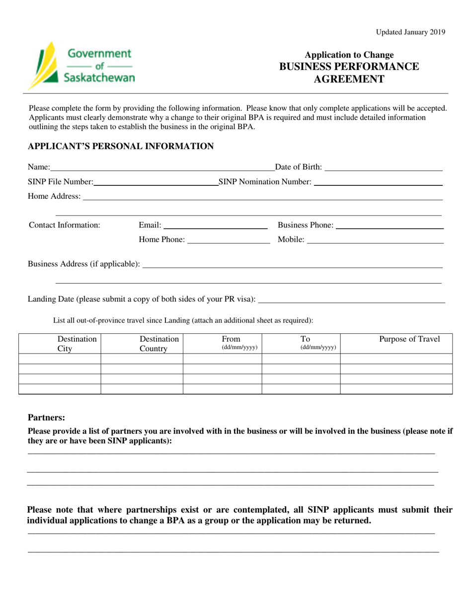 Application to Change Business Performance Agreement - Saskatchewan, Canada, Page 1