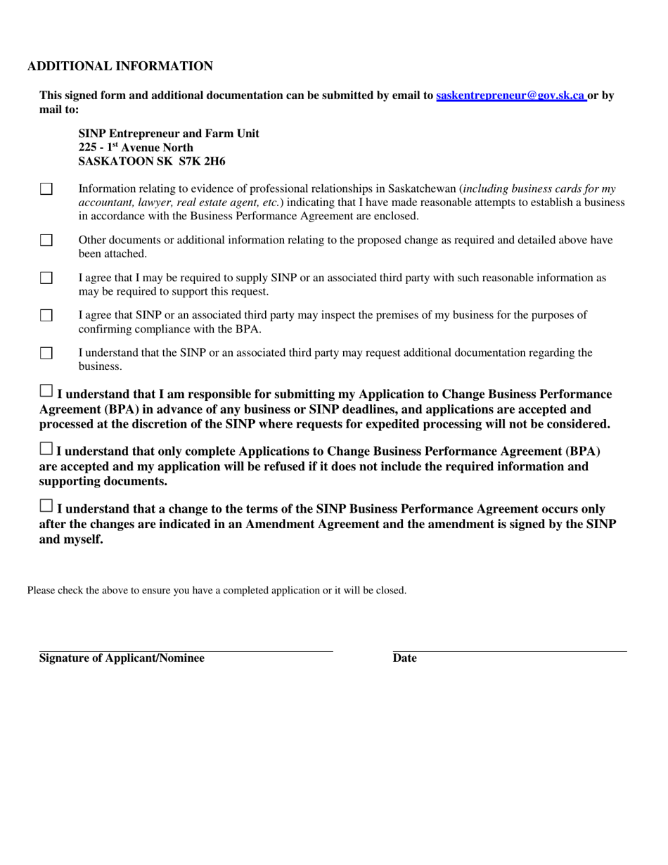 Application to Change Business Performance Agreement - Saskatchewan, Canada, Page 4