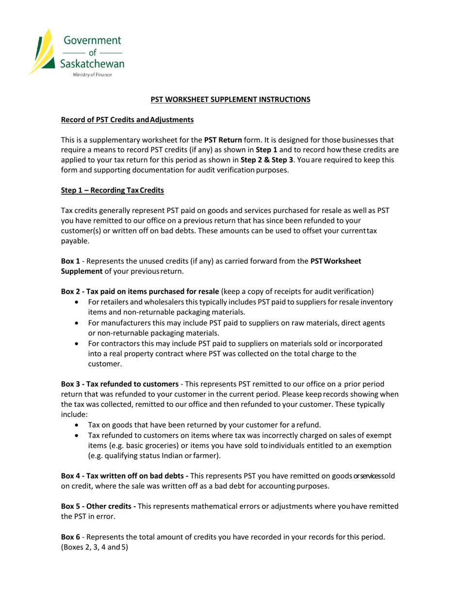 Provincial Sales Tax Worksheet Supplement - Saskatchewan, Canada, Page 2