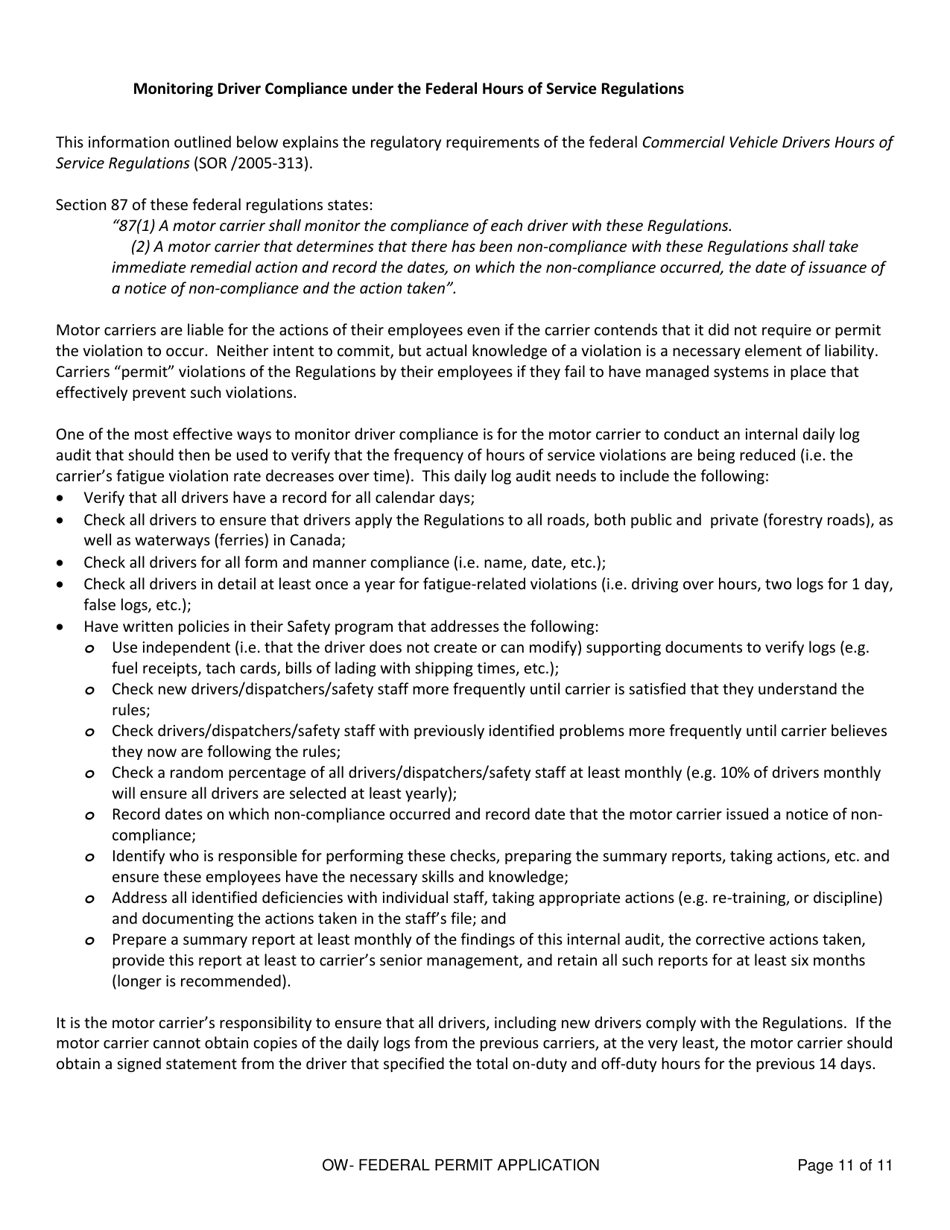 Application for an Oil Well Service Vehicle Exemption Under the Federal Commercial Vehicle Drivers Hours of Service Regulations - Saskatchewan, Canada, Page 11