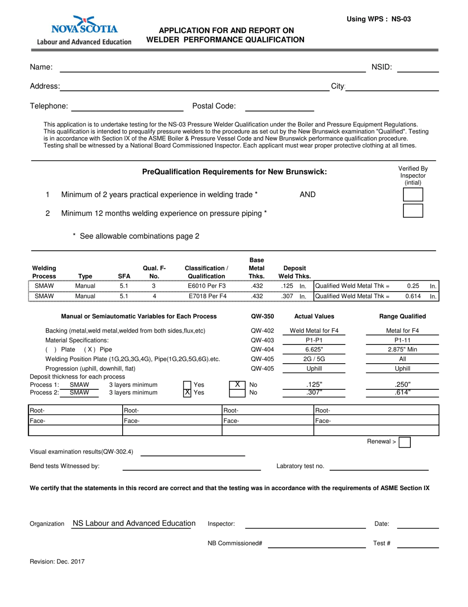 Form NS-03 Application for and Report on Welder Performance Qualification - Nova Scotia, Canada, Page 1