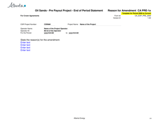 Form CA PRE-1 Oil Sands - Pre Payout Project - End of Period Statement - Alberta, Canada, Page 2