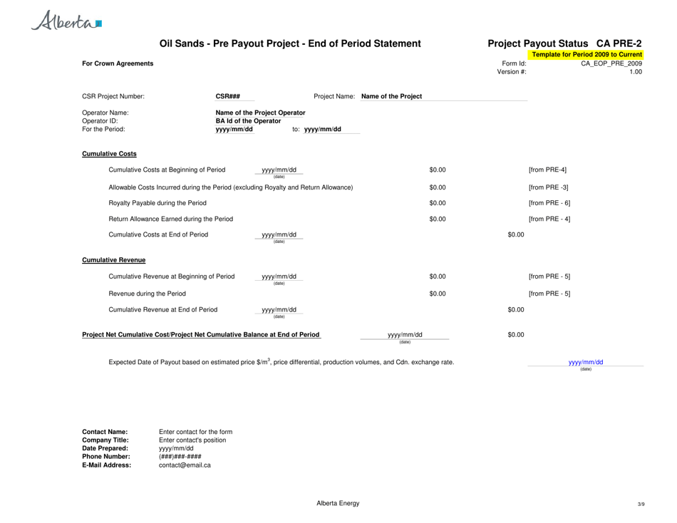 Form CA PRE-1 Oil Sands - Pre Payout Project - End of Period Statement - Alberta, Canada, Page 3