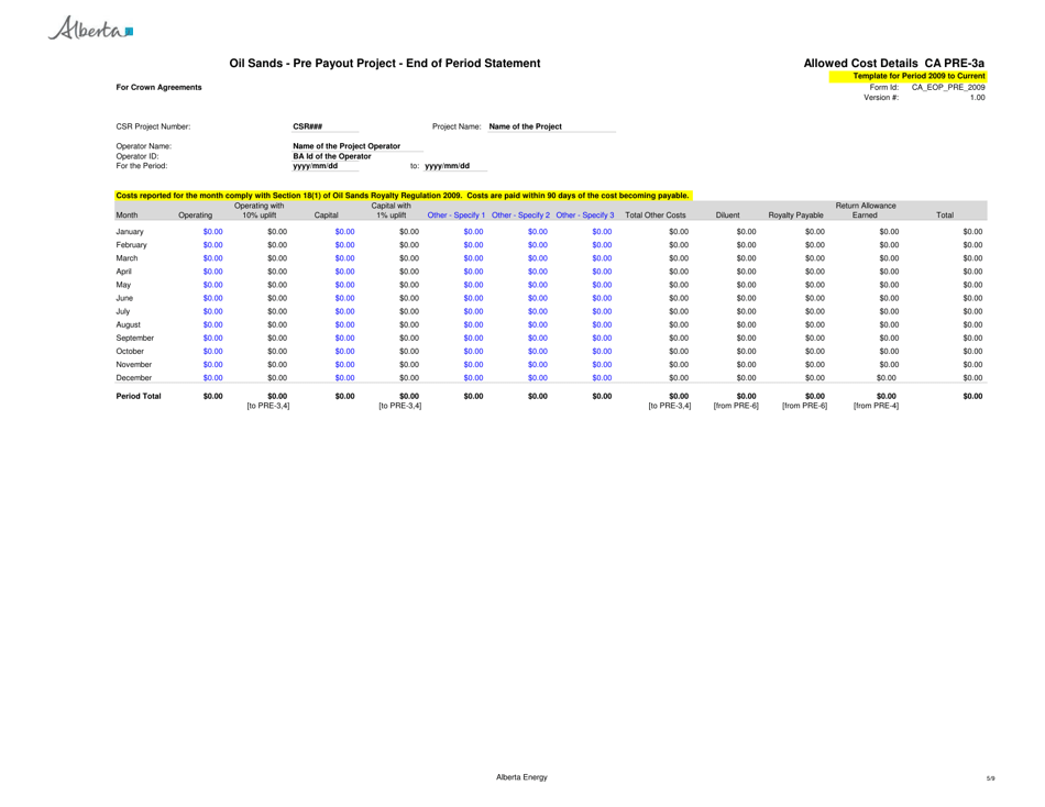 Form CA PRE-1 Oil Sands - Pre Payout Project - End of Period Statement - Alberta, Canada, Page 5