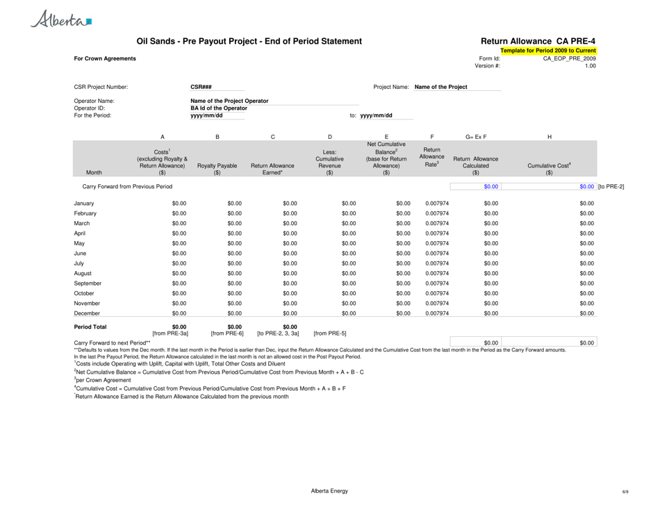 Form CA PRE-1 Oil Sands - Pre Payout Project - End of Period Statement - Alberta, Canada, Page 6