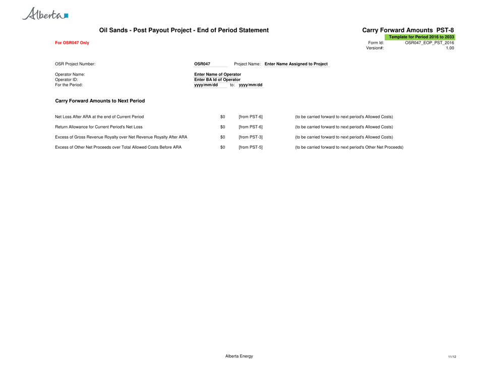Sample Form PST-1 Oil Sands - Post Payout Project - End of Period Statement - Alberta, Canada, Page 11