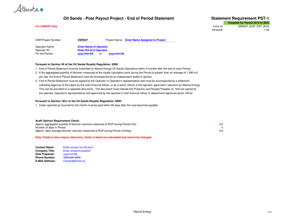 Sample Form PST-1 Oil Sands - Post Payout Project - End of Period Statement - Alberta, Canada, Page 1