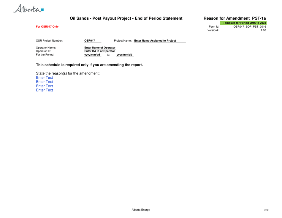 Sample Form PST-1 Oil Sands - Post Payout Project - End of Period Statement - Alberta, Canada, Page 2
