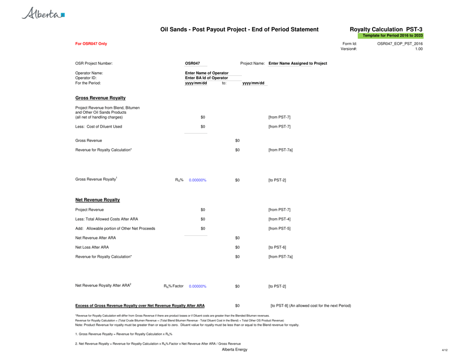 Sample Form PST-1 Oil Sands - Post Payout Project - End of Period Statement - Alberta, Canada, Page 4