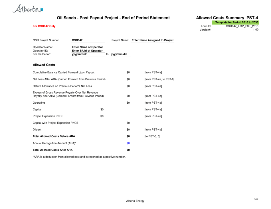 Sample Form PST-1 Oil Sands - Post Payout Project - End of Period Statement - Alberta, Canada, Page 5