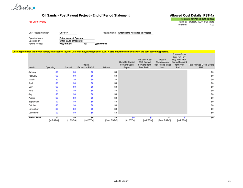 Sample Form PST-1 Oil Sands - Post Payout Project - End of Period Statement - Alberta, Canada, Page 6