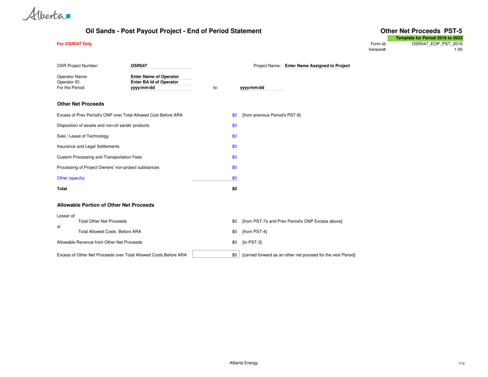 Sample Form PST-1 Oil Sands - Post Payout Project - End of Period Statement - Alberta, Canada, Page 7