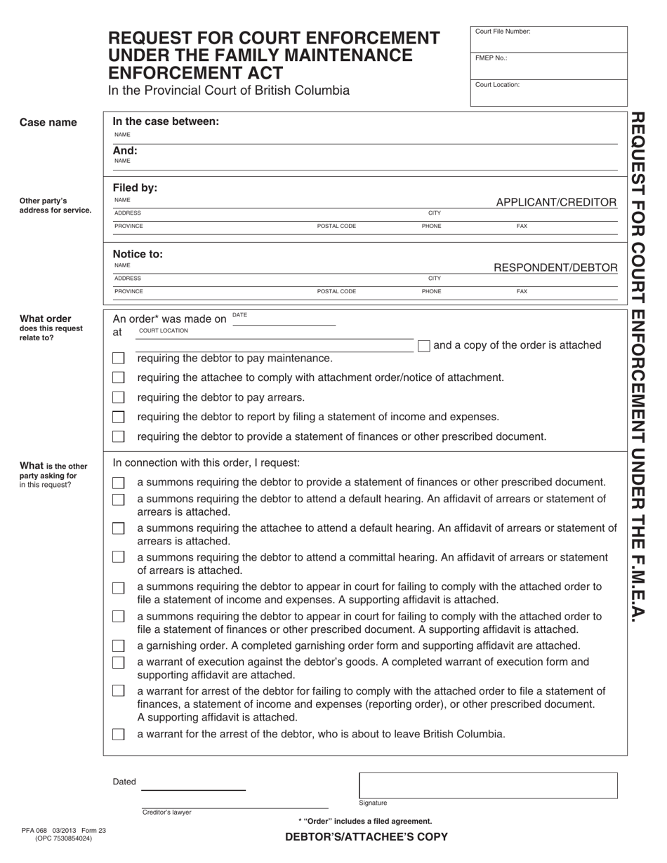FMEA Form 23 (PFA068) Request for Court Enforcement Under the Family Maintenance Enforcement Act - British Columbia, Canada, Page 4