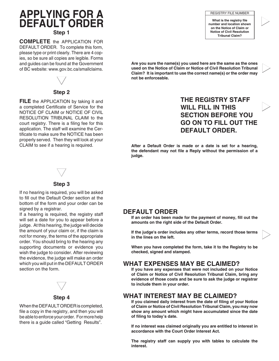 SCR Form 5 (SCL005) Application for Default Order - British Columbia, Canada, Page 2