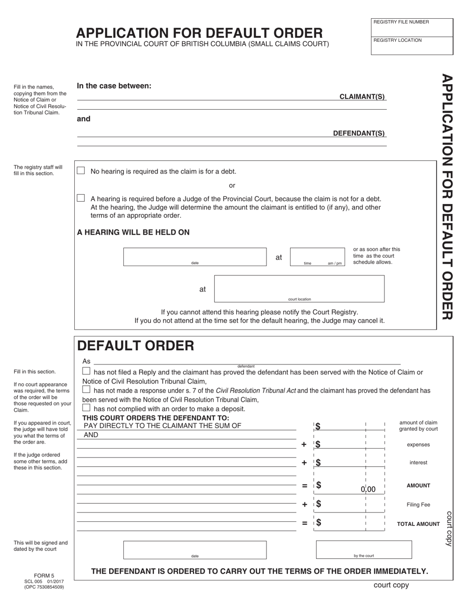SCR Form 5 (SCL005) Application for Default Order - British Columbia, Canada, Page 3