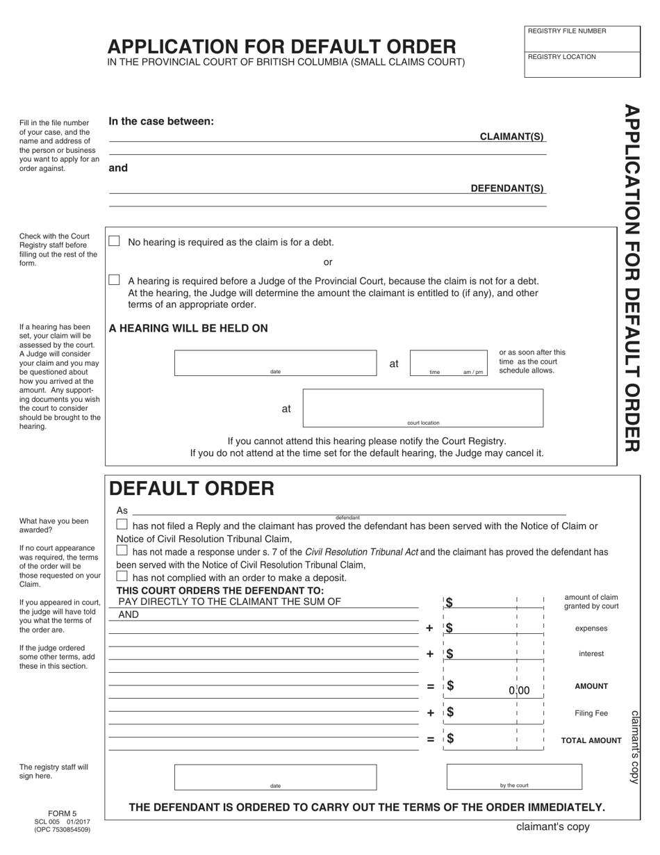 SCR Form 5 (SCL005) Application for Default Order - British Columbia, Canada, Page 5