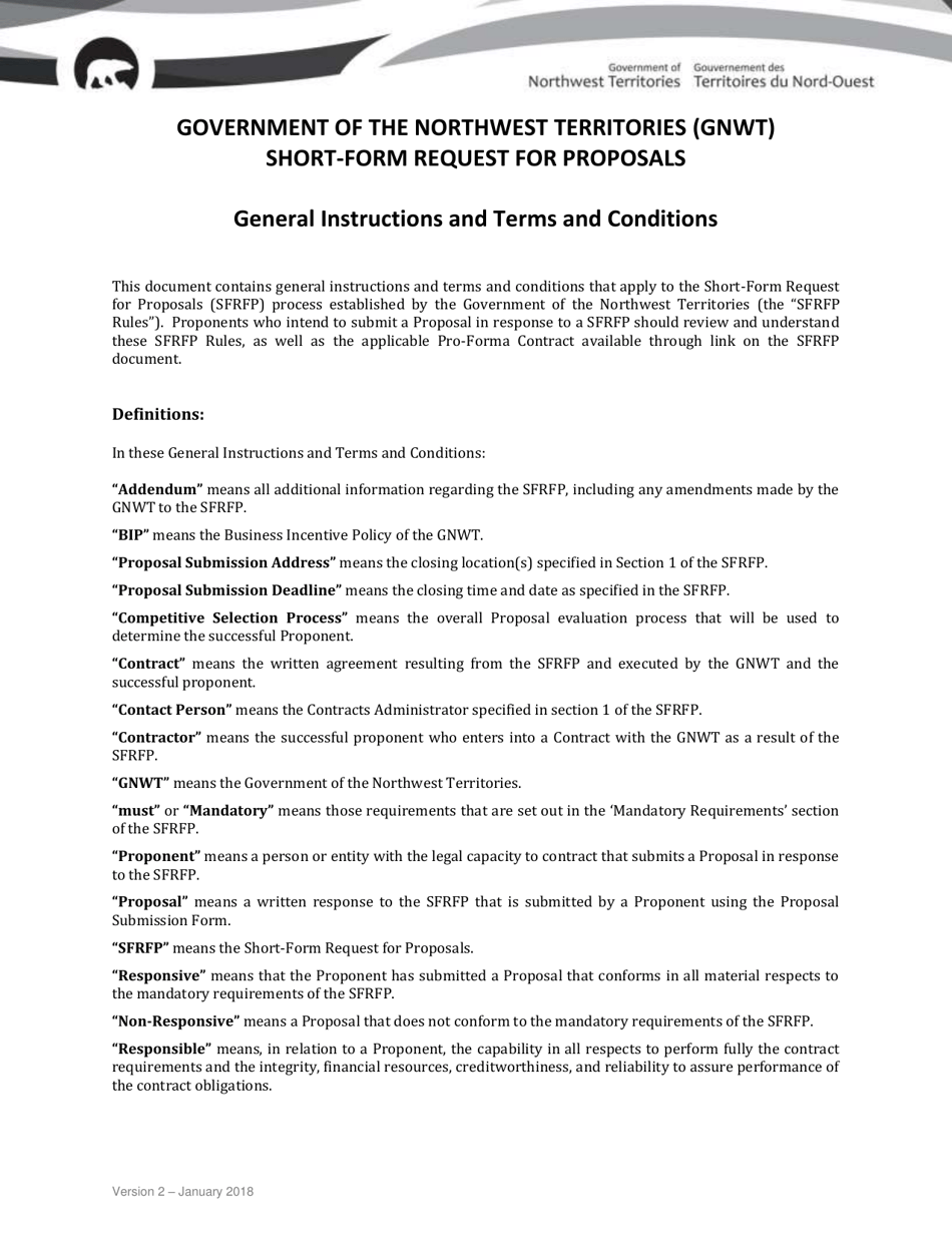 Instructions for Short-Form Request for Proposals - Northwest Territories, Canada, Page 1