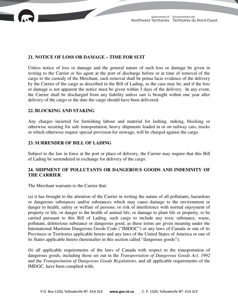 Non-negotiable Bill of Lading - Northwest Territories, Canada, Page 10