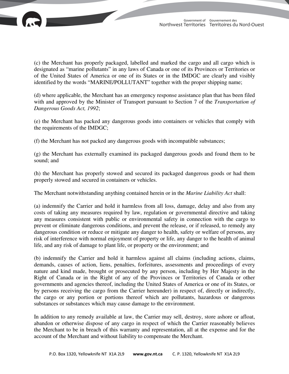 Non-negotiable Bill of Lading - Northwest Territories, Canada, Page 11