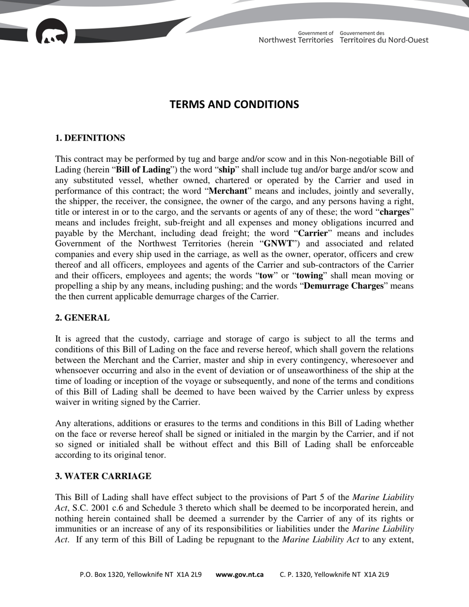 Non-negotiable Bill of Lading - Northwest Territories, Canada, Page 2
