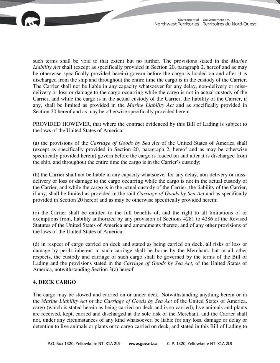 Non-negotiable Bill of Lading - Northwest Territories, Canada, Page 3