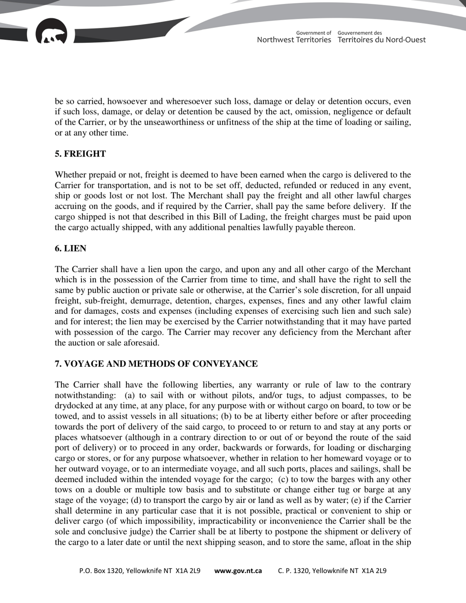 Non-negotiable Bill of Lading - Northwest Territories, Canada, Page 4