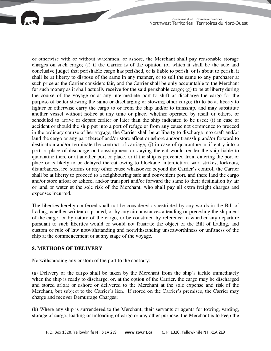 Non-negotiable Bill of Lading - Northwest Territories, Canada, Page 5