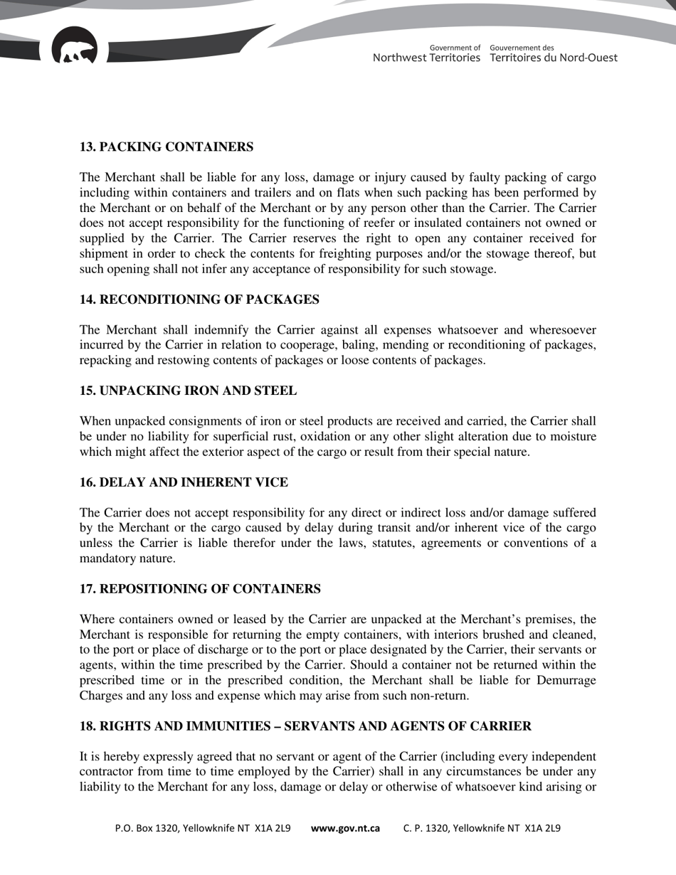 Non-negotiable Bill of Lading - Northwest Territories, Canada, Page 8