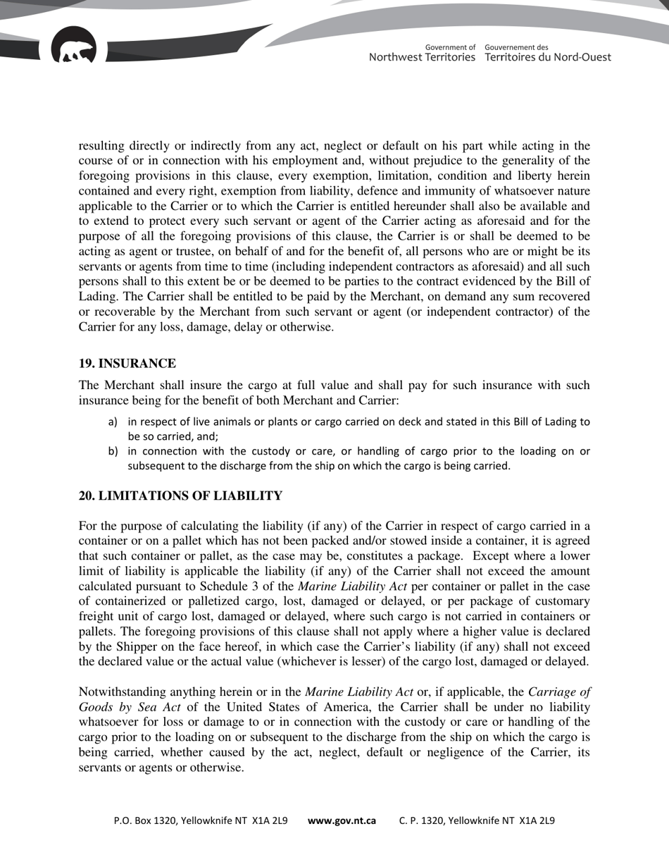 Non-negotiable Bill of Lading - Northwest Territories, Canada, Page 9