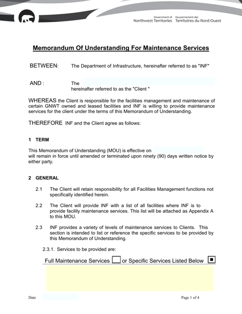 Memorandum of Understanding for Maintenance Services - Northwest Territories, Canada Download Pdf