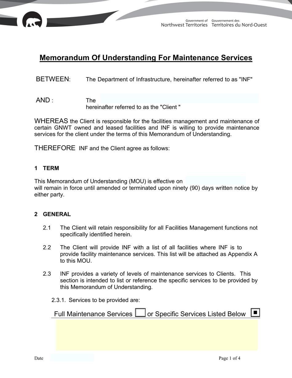 Memorandum of Understanding for Maintenance Services - Northwest Territories, Canada, Page 1