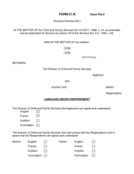 Document preview: Form 21 B Language Needs Endorsement - Nunavut, Canada