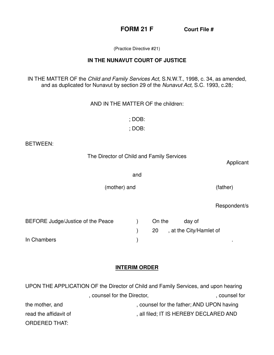 Form 21 F Interim Order - Nunavut, Canada, Page 1